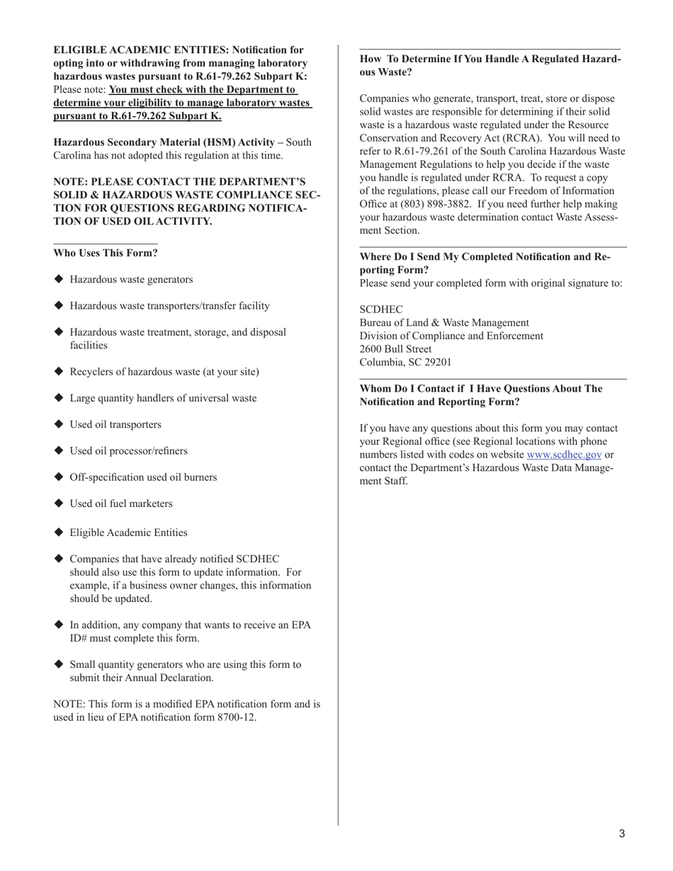 Instructions for DHEC Form 2701 Notification of Regulated Waste Activity Form - South Carolina, Page 3