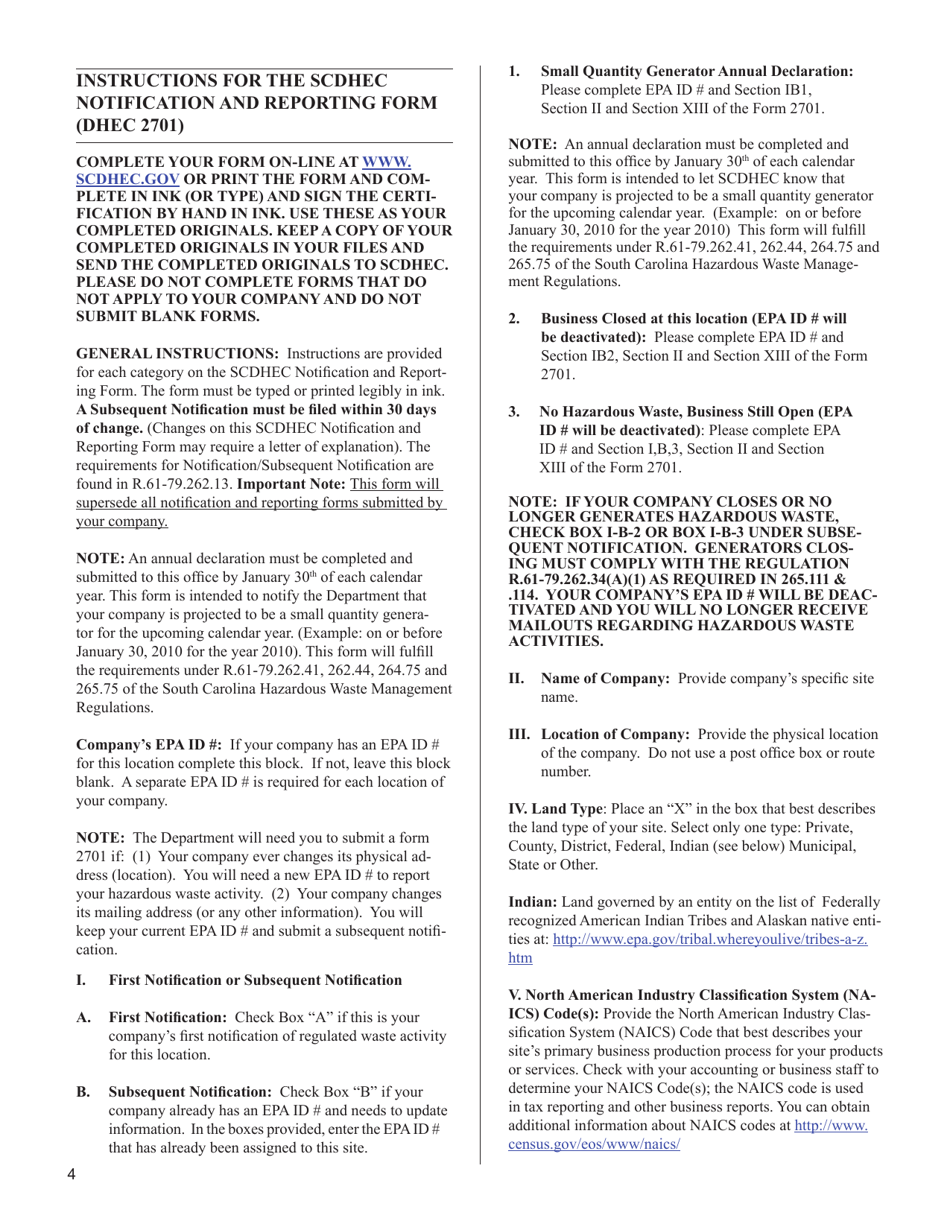 Instructions for DHEC Form 2701 Notification of Regulated Waste Activity Form - South Carolina, Page 4