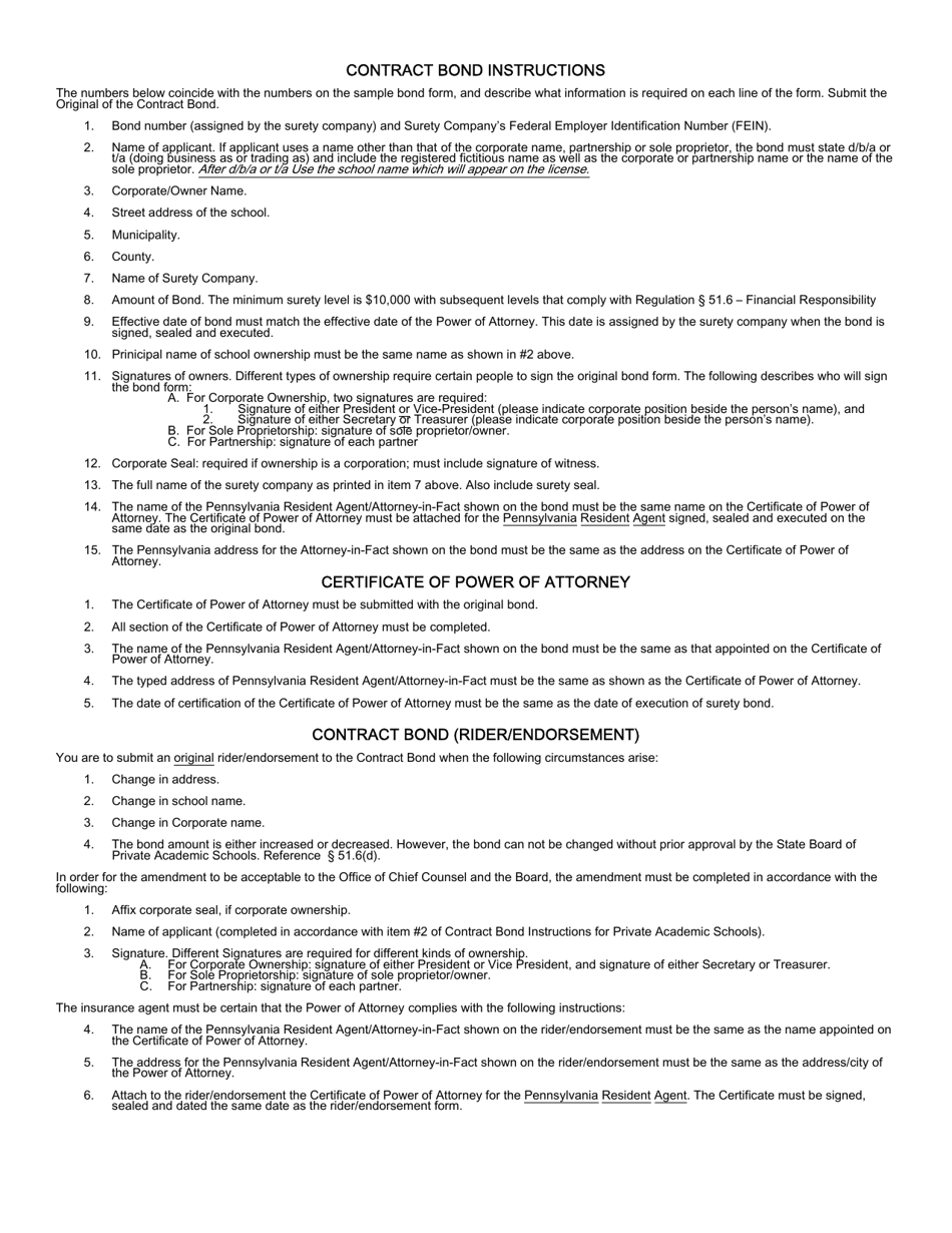 Instructions for Form PDE-1665 Contract Bond - Pennsylvania, Page 1