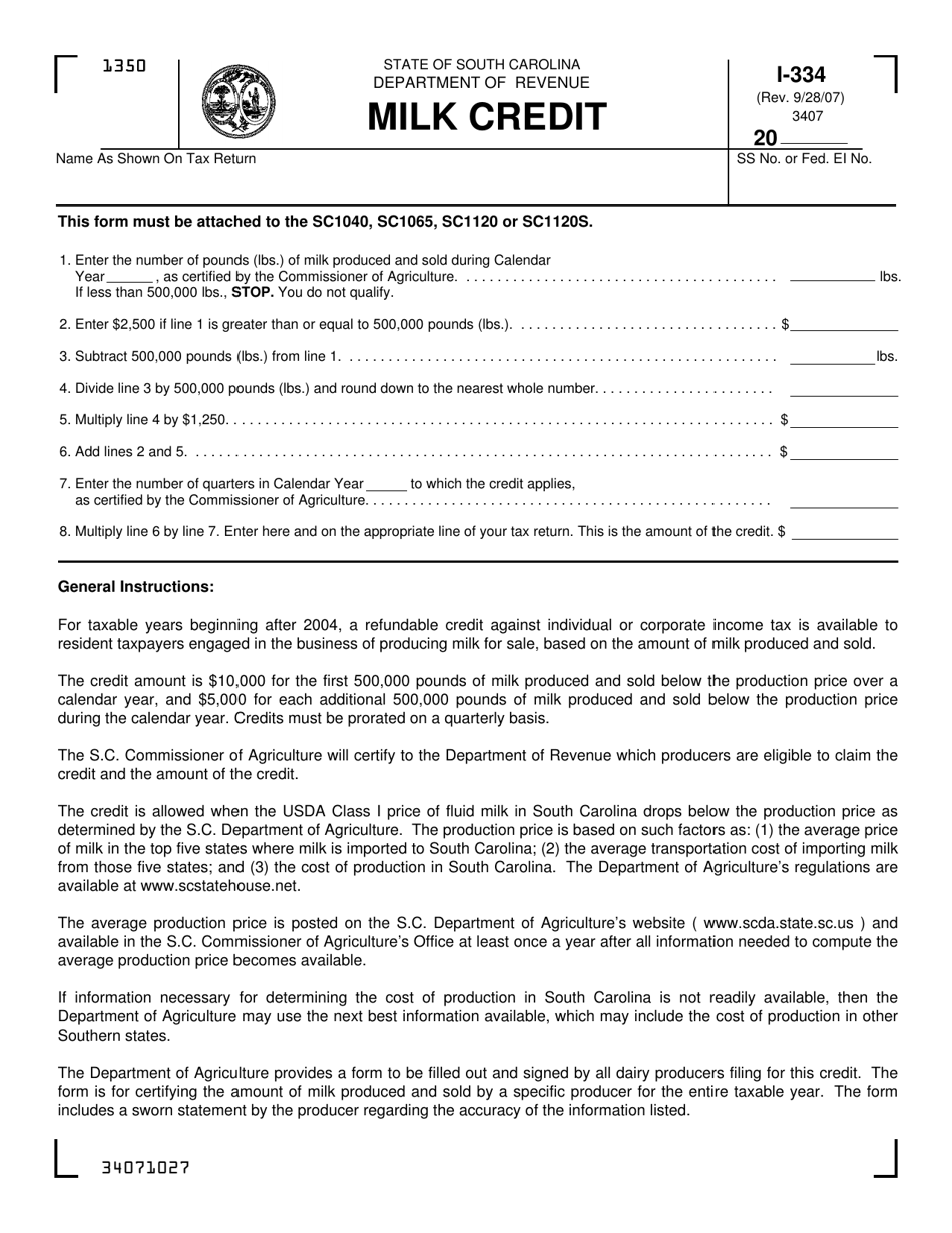 Form I-334 Milk Credit - South Carolina, Page 1