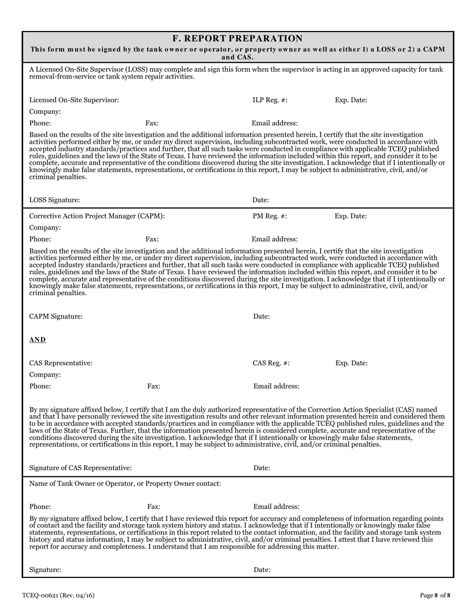 Form 00621 Petroleum Storage Tank Program Release Determination Report - Texas, Page 8