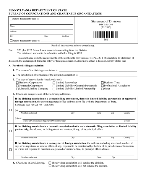 Form DSCB:15-366 Statement of Division - Pennsylvania