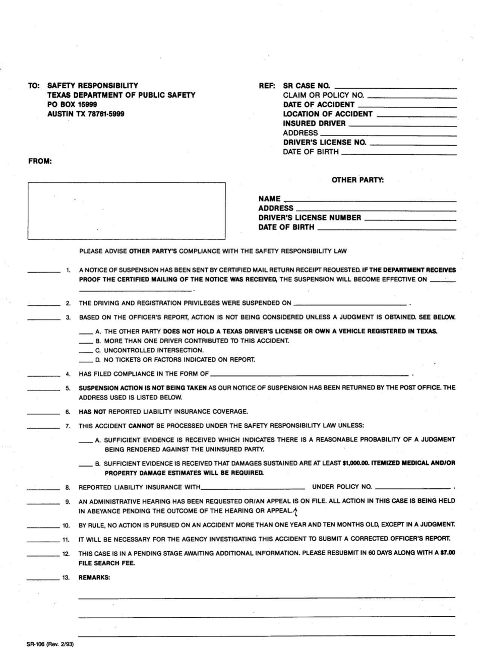Form SR-106 Dollar Information Letter - Texas, Page 1