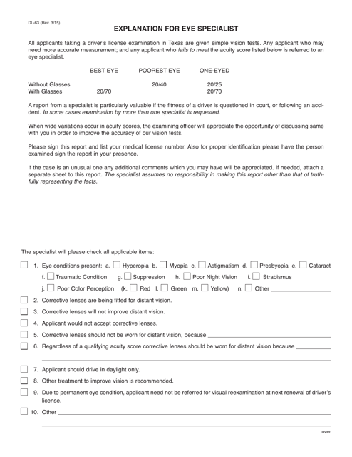 Form DL-63 Explanation for Eye Specialist - Texas