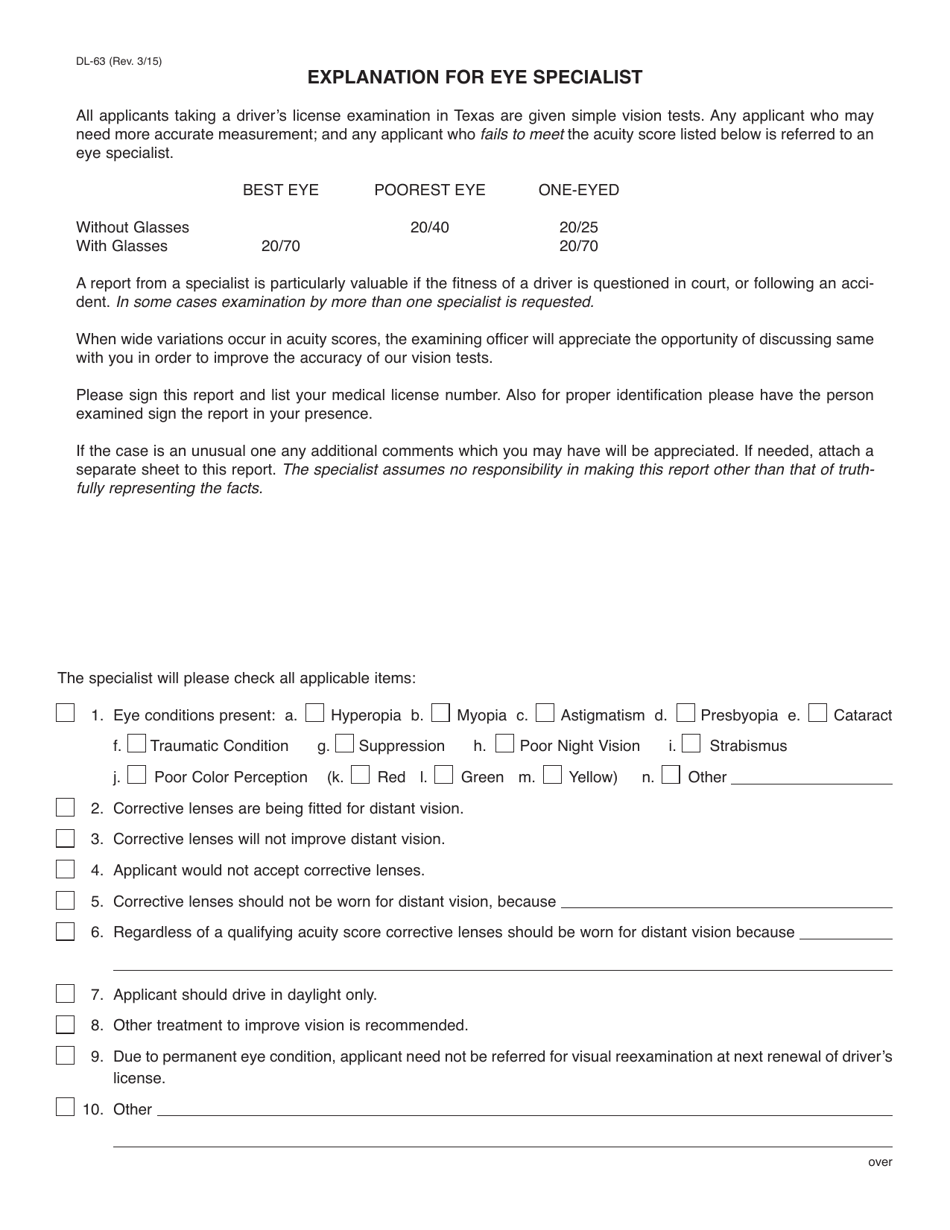 Form DL-63 Explanation for Eye Specialist - Texas, Page 1