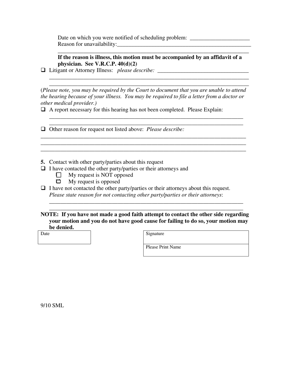 Form 842 Motion to Continue Court Hearing - Vermont, Page 2