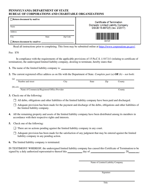 Form DSCB:15-8872(F) certificate of Termination - Domestic Limited Liability Company - Pennsylvania