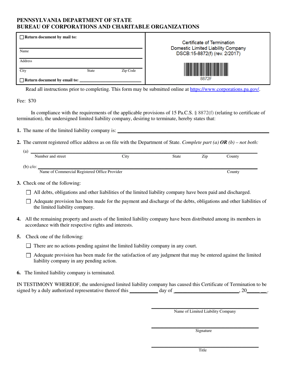 Form DSCB:15-8872(F) certificate of Termination - Domestic Limited Liability Company - Pennsylvania, Page 1
