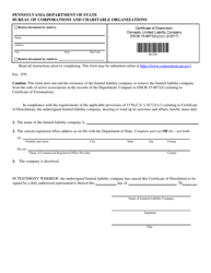 Document preview: Form DSCB:15-8872(B)(2)(I) Certificate of Dissolution - Domestic Limited Liability Company - Pennsylvania