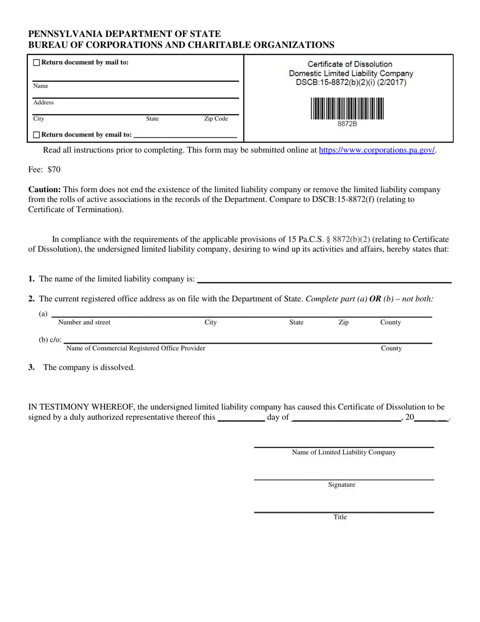Form DSCB:15-8872(B)(2)(I) Certificate of Dissolution - Domestic Limited Liability Company - Pennsylvania, Page 1