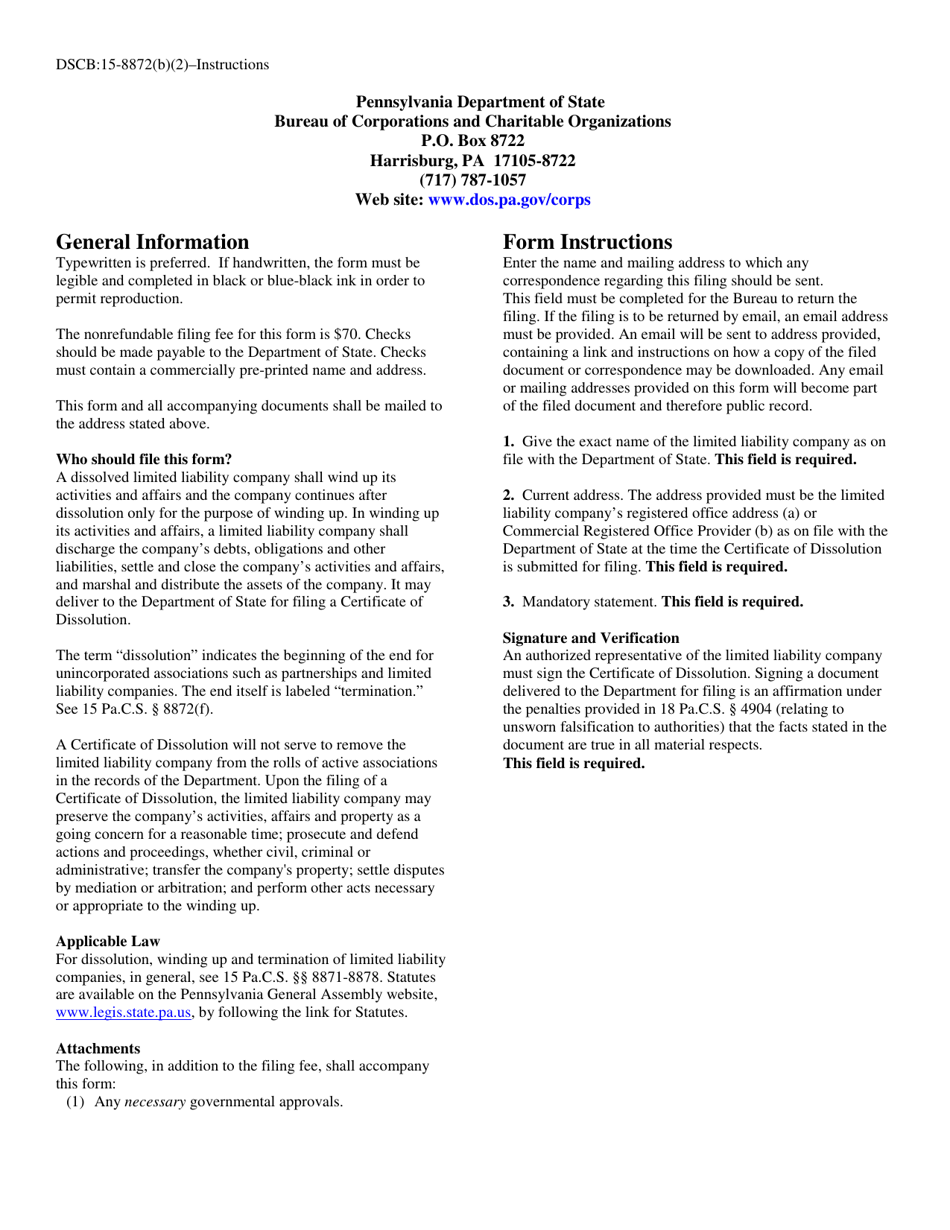 Form DSCB:15-8872(B)(2)(I) Certificate of Dissolution - Domestic Limited Liability Company - Pennsylvania, Page 2
