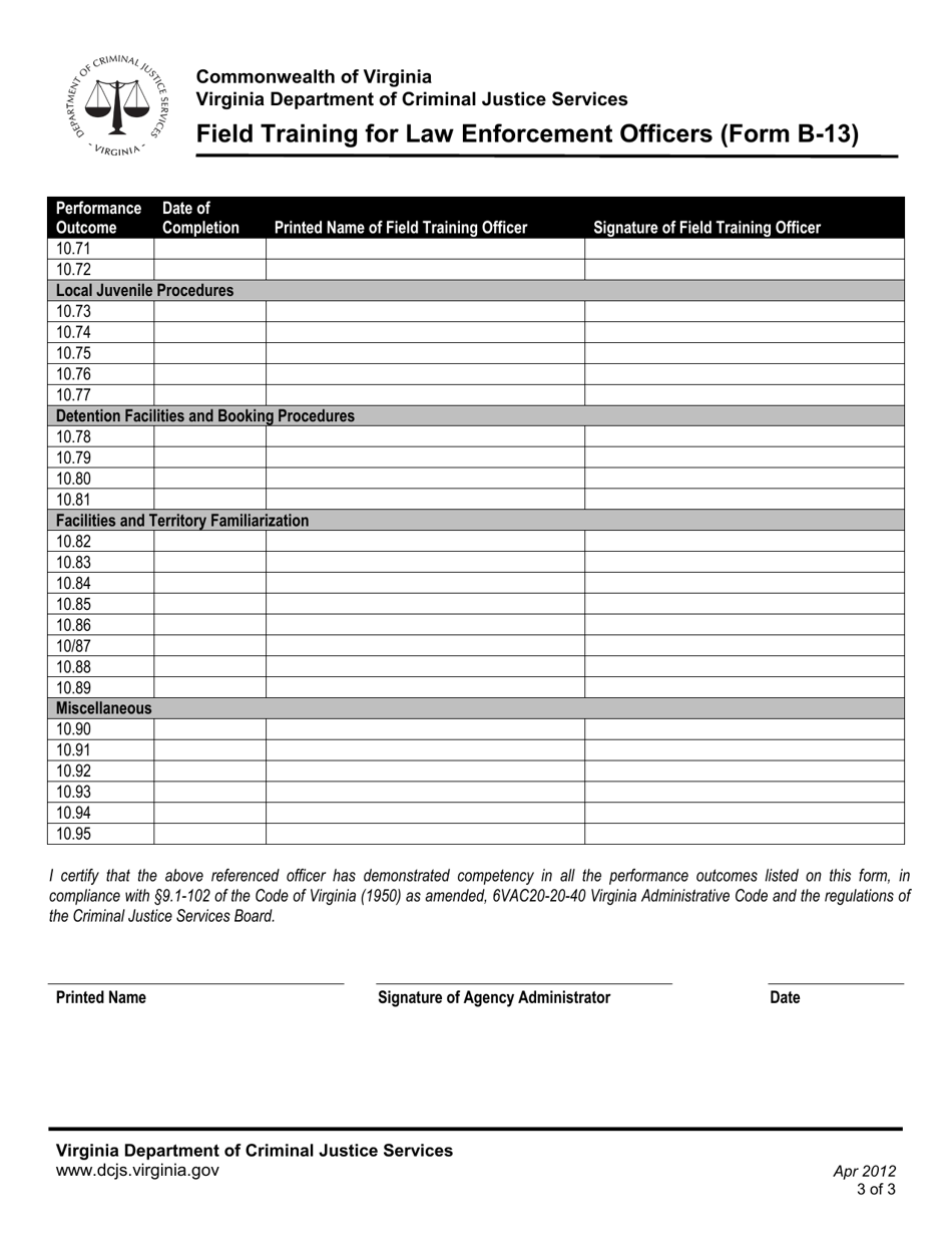 Form B-13 Field Training for Law Enforcement Officers - Virginia, Page 3