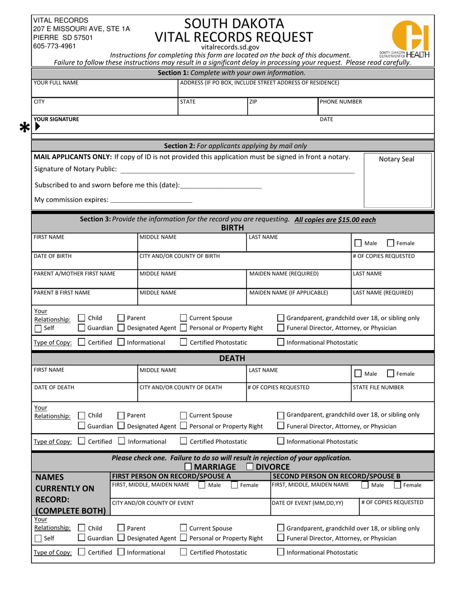 South Dakota Vital Records Request - Fill Out, Sign Online and Download ...