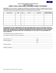 DSS Form 2909 &quot;Family Child Care Home Consumer Parent Statement&quot; - South Carolina