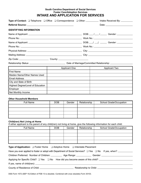 DSS Form 1572 Intake and Application for Services - South Carolina