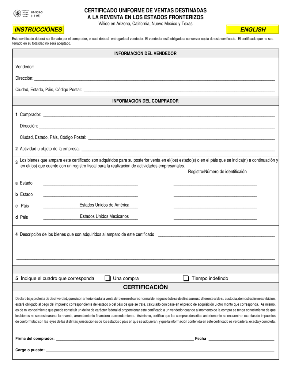 Form 01-909 Border States Uniform Sale for Resale Certificate - Texas (English / Spanish), Page 3