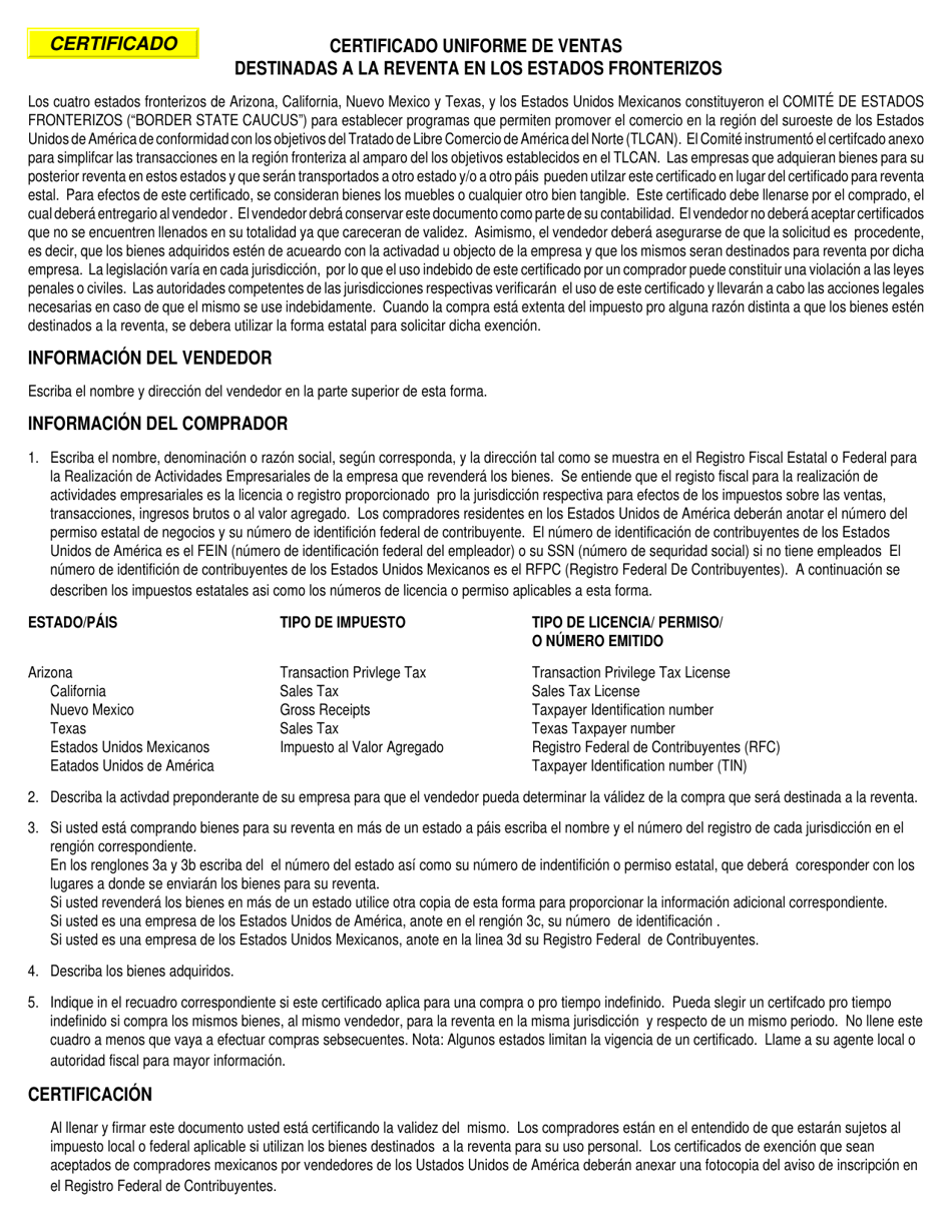 Form 01-909 Border States Uniform Sale for Resale Certificate - Texas (English / Spanish), Page 4