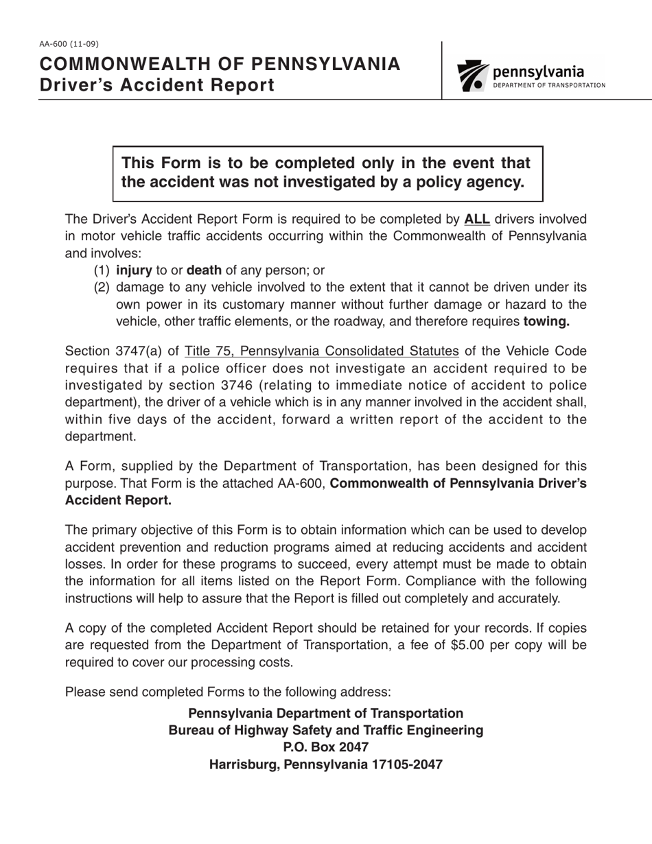 Form AA-600 Drivers Accident Report - Pennsylvania, Page 3