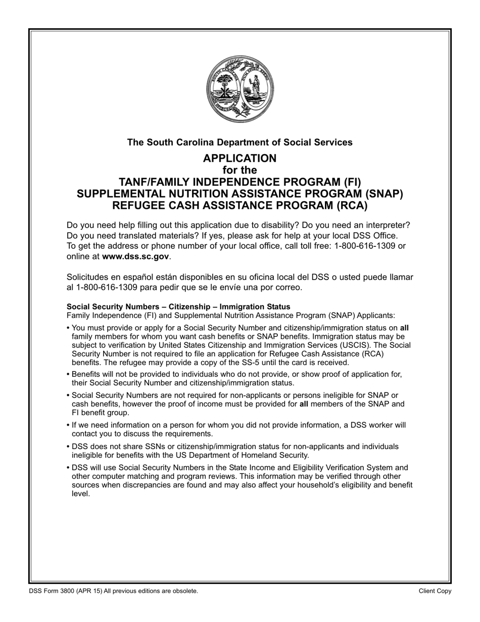 DSS Form 3800 Application for the Fi Program, Snap Program and Refugee Assistance (Ra) Program - South Carolina, Page 1
