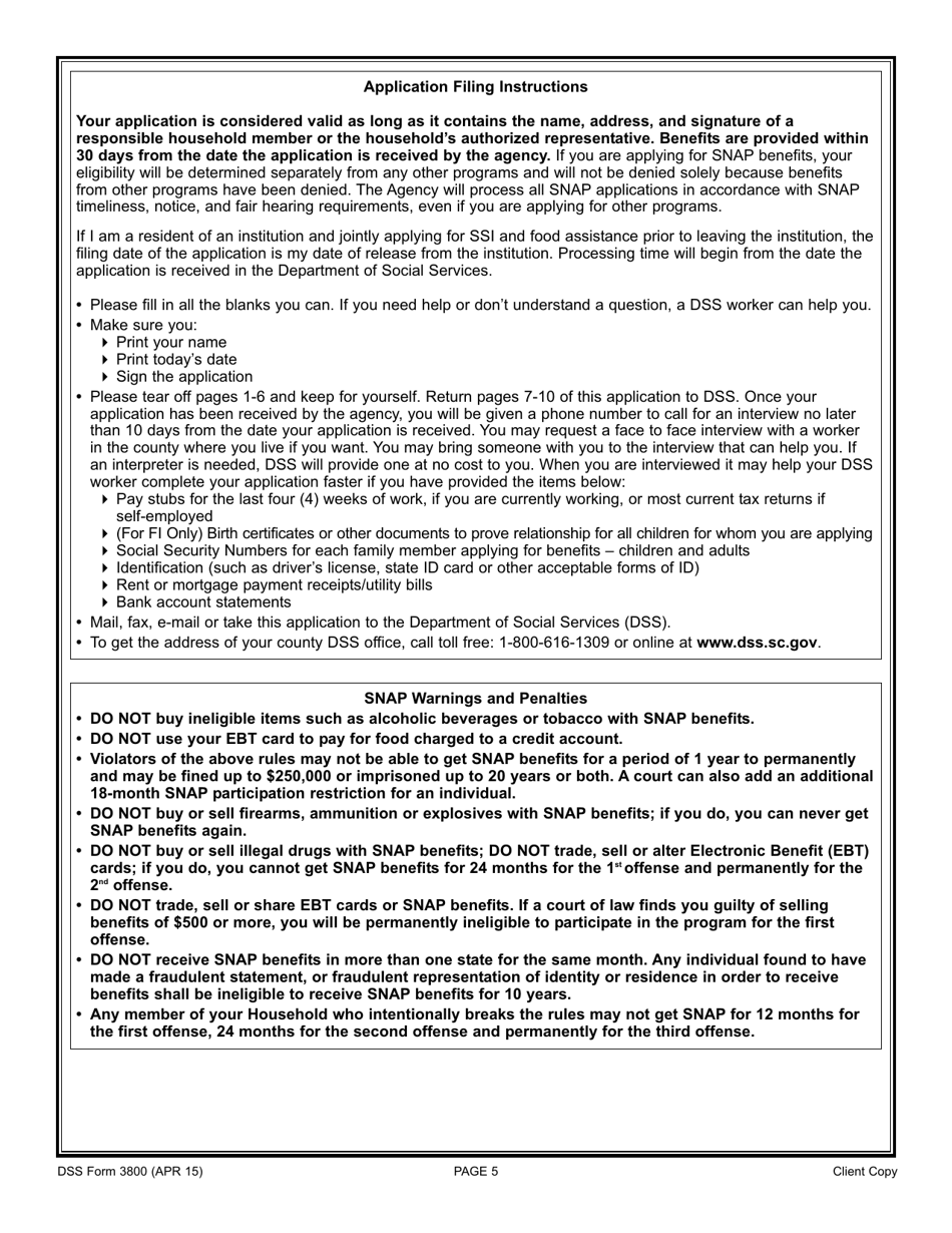 DSS Form 3800 Application for the Fi Program, Snap Program and Refugee Assistance (Ra) Program - South Carolina, Page 5