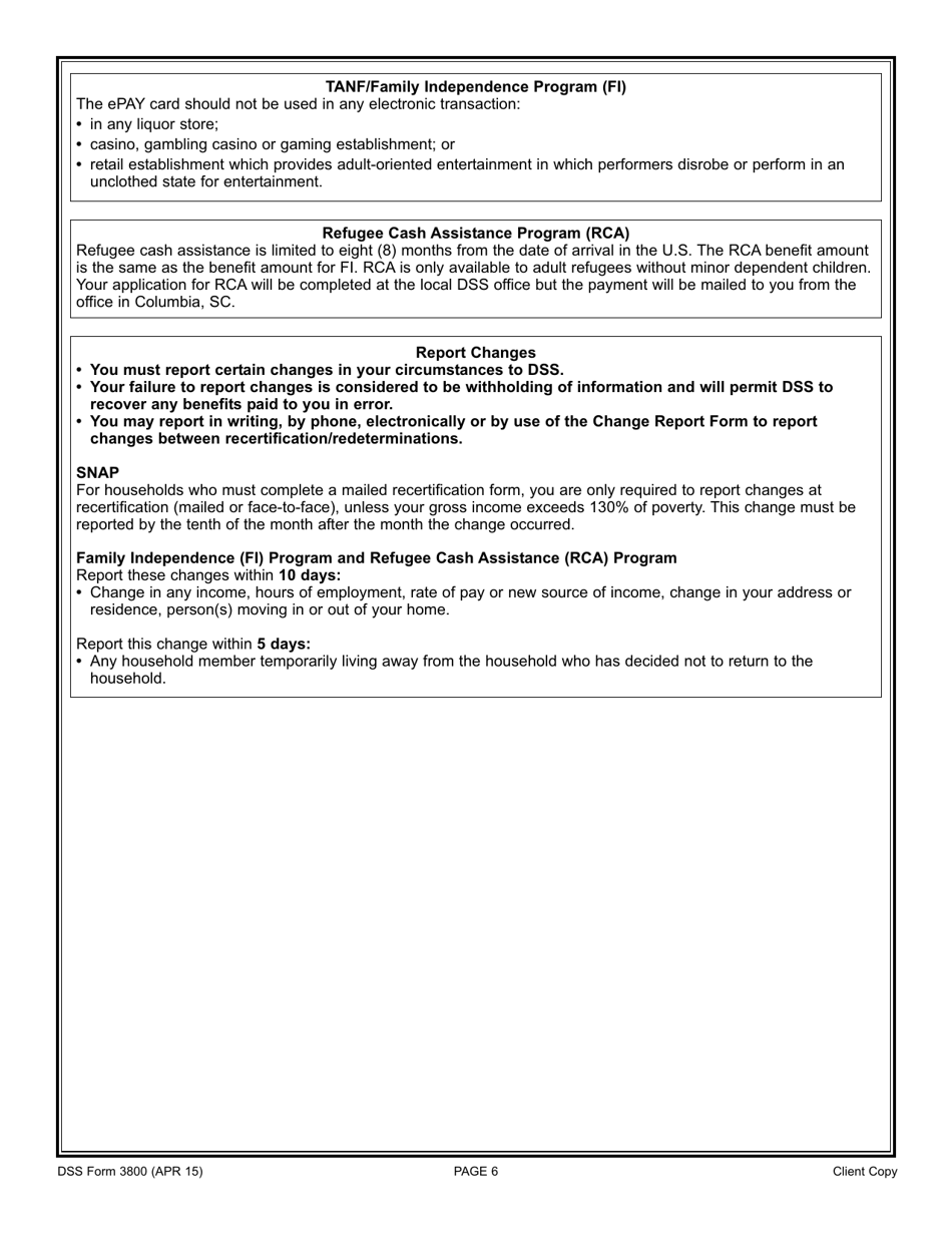 DSS Form 3800 Application for the Fi Program, Snap Program and Refugee Assistance (Ra) Program - South Carolina, Page 6