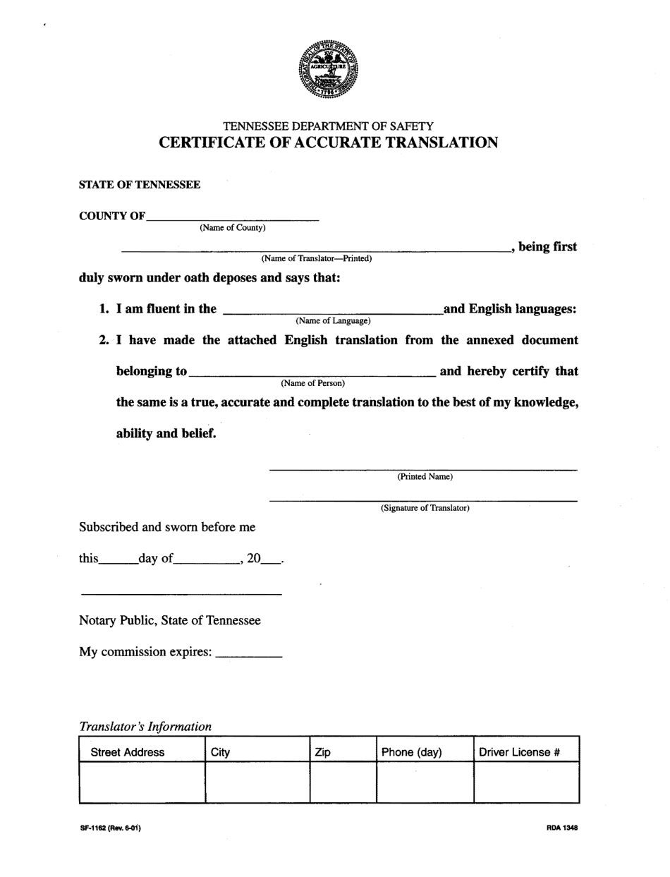 Form SF-1162 Certificate of Accurate Translation - Tennessee, Page 1
