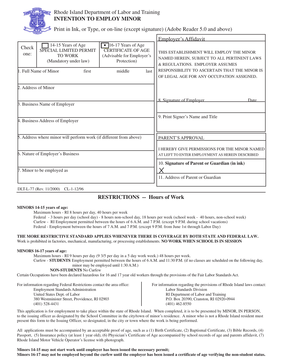 Form DLT-L-77 Intention to Employ Minor - Rhode Island, Page 1
