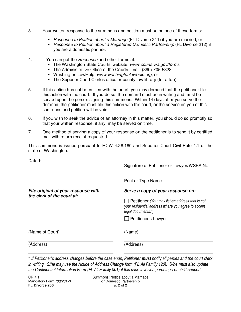 Form FL Divorce200 Summons: Notice About a Marriage or Domestic Partnership - Washington, Page 2