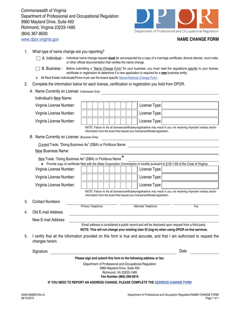 Form A406 Name Change Form - Virginia