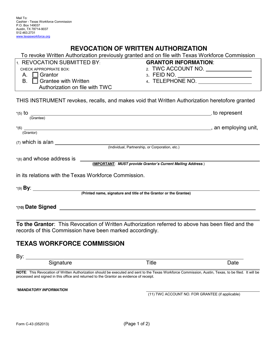Form C-43 Revocation of Written Authorization - Texas, Page 1