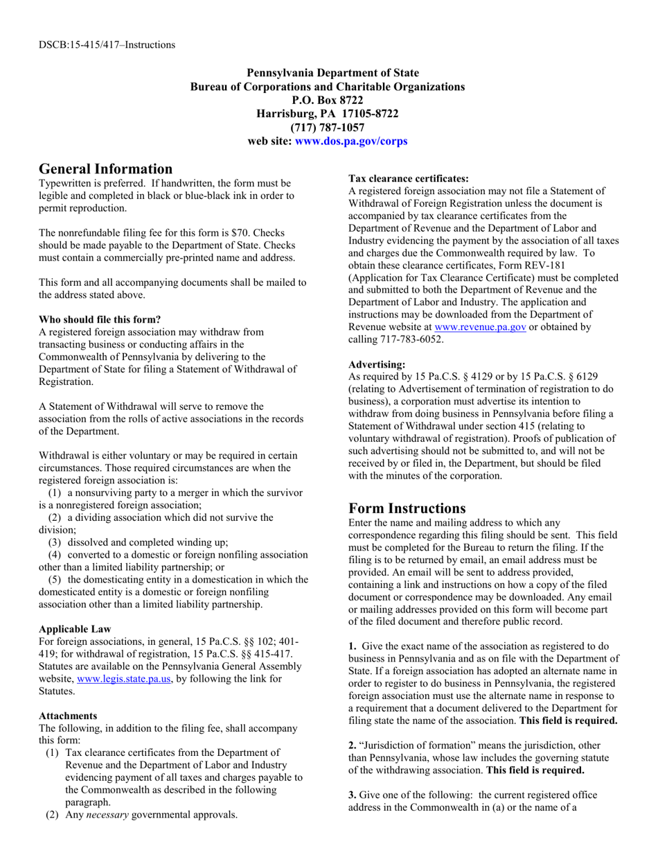 Form DSCB:15-415 / 417 Statement of Withdrawal of Foreign Registration - Pennsylvania, Page 3