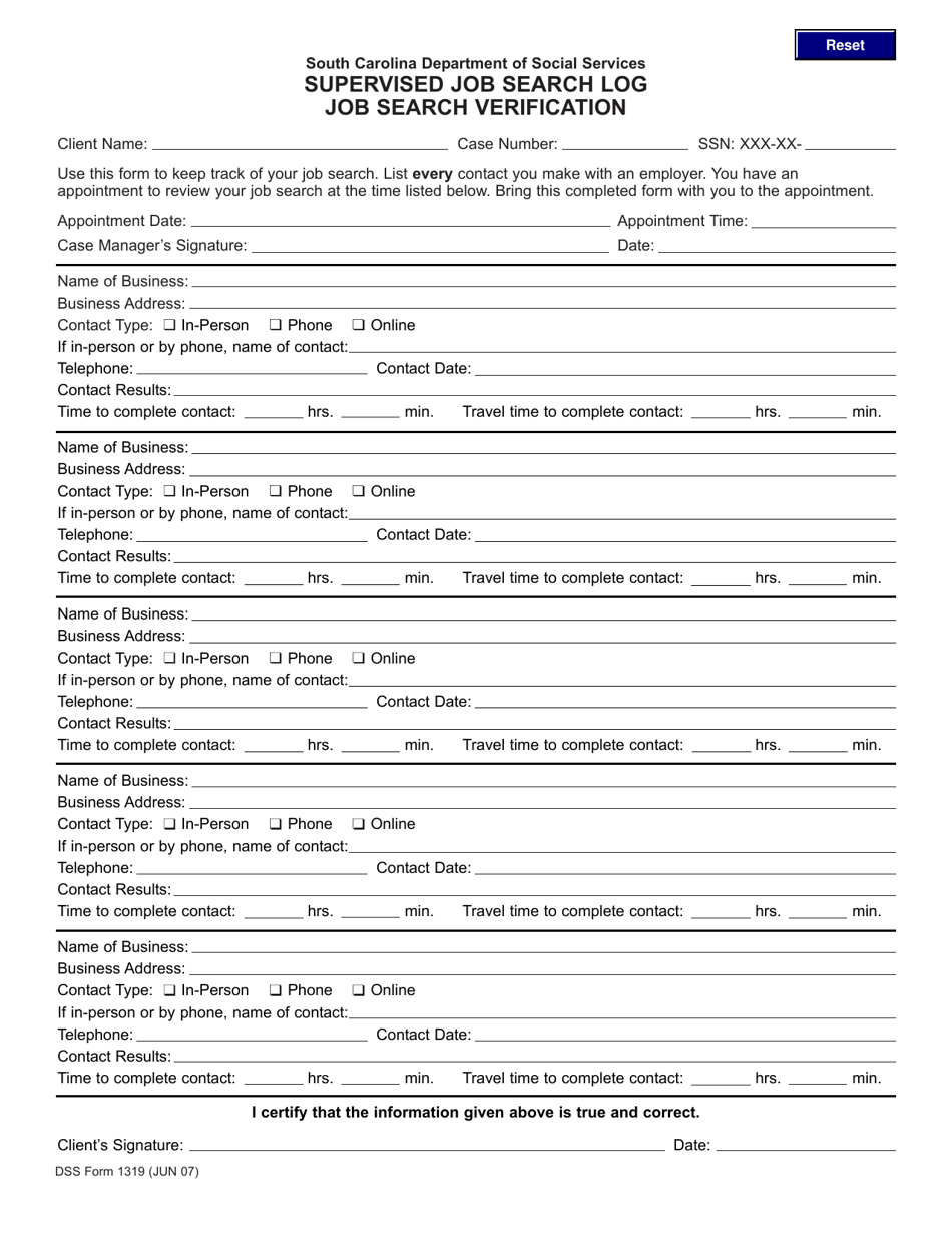 DSS Form 1319 Supervised Job Search Log - Job Search Verification - South Carolina, Page 1