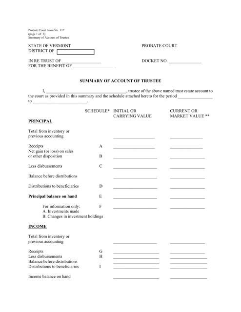 Form PC117 Summary of Account of Trustee - Vermont