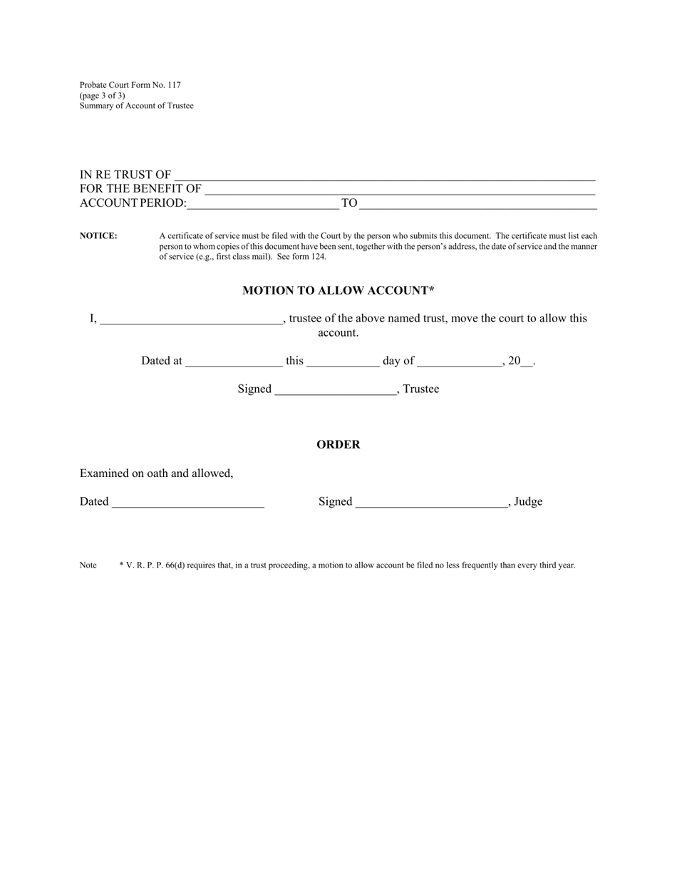 Form PC117 Summary of Account of Trustee - Vermont, Page 3