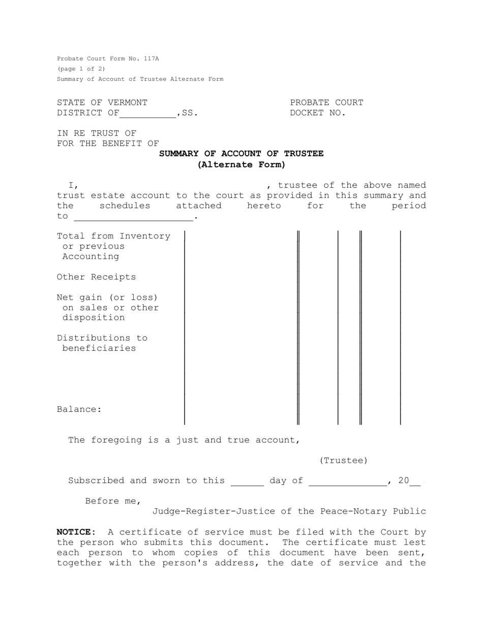 Form PC117A Summary of Account of Trustee (Alternate Form) - Vermont, Page 1