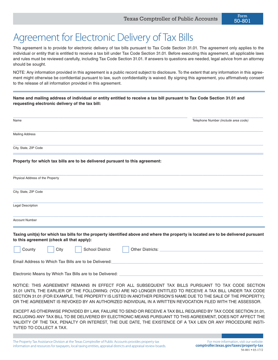 Form 50-801 Agreement for Electronic Delivery of Tax Bills - Texas, Page 1