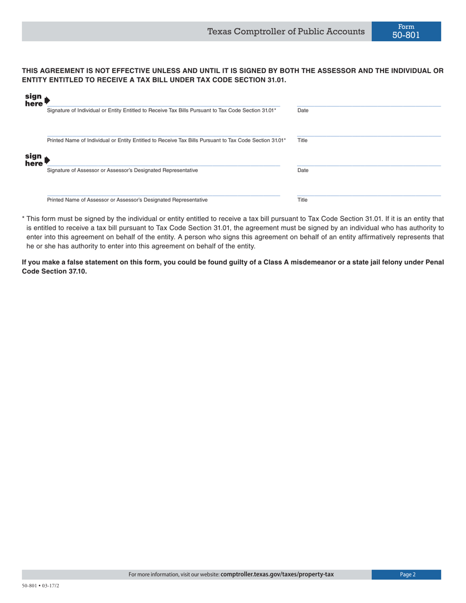 Form 50-801 Agreement for Electronic Delivery of Tax Bills - Texas, Page 2