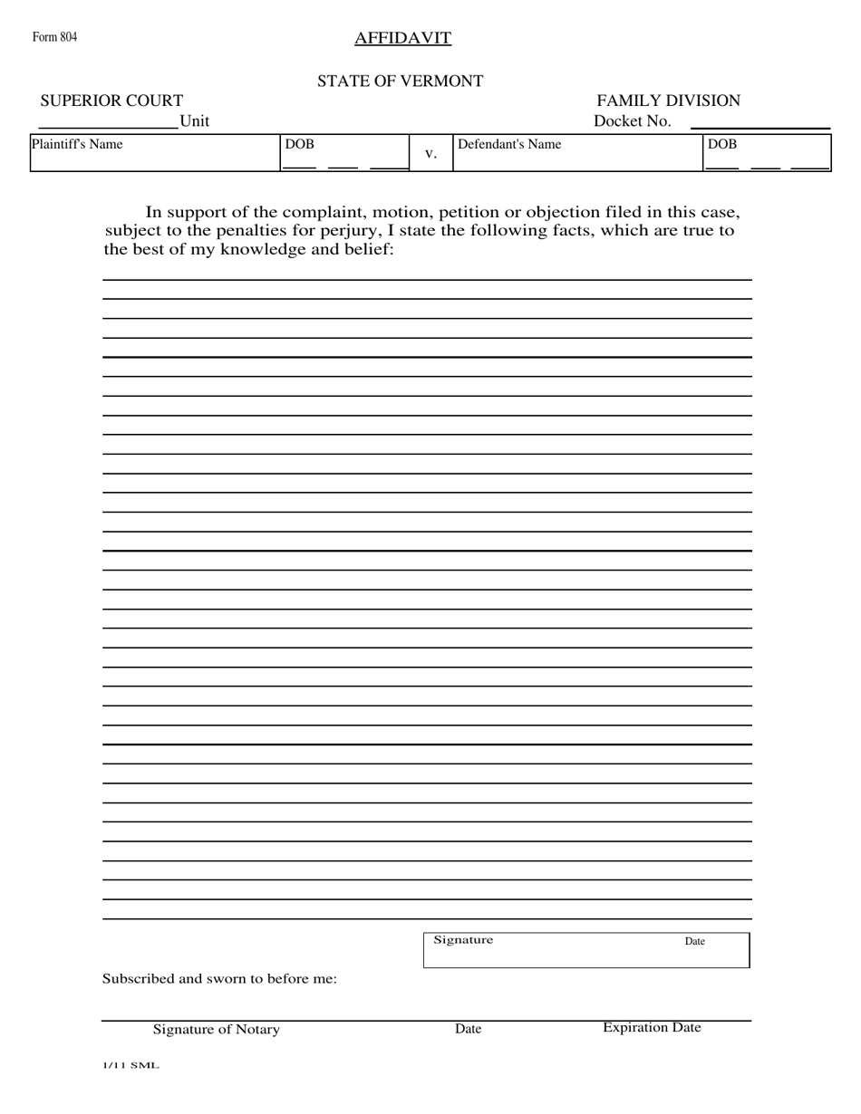 Form 804 Affidavit - Vermont, Page 1