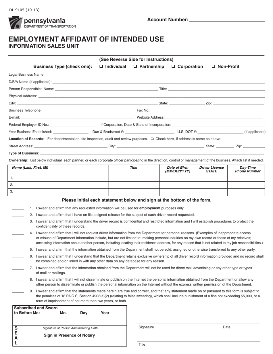 Form DL-9105 Employment Affidavit of Intended Use - Pennsylvania, Page 1