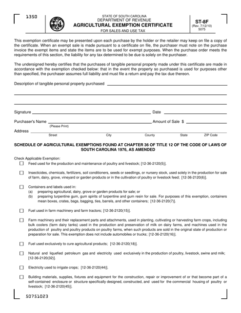 Instructions for Form ST-8F Agricultural Exemption Certificate for Sales and Use Tax - South Carolina