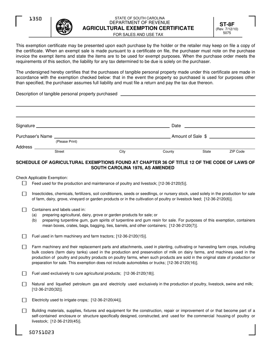 Instructions for Form ST-8F Agricultural Exemption Certificate for Sales and Use Tax - South Carolina, Page 1