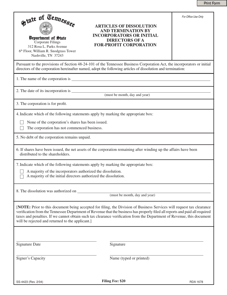 Form SS-4423 Articles of Dissolution and Termination by Incorporators or Initial Directors of a for-Profit Corporation - Tennessee, Page 1