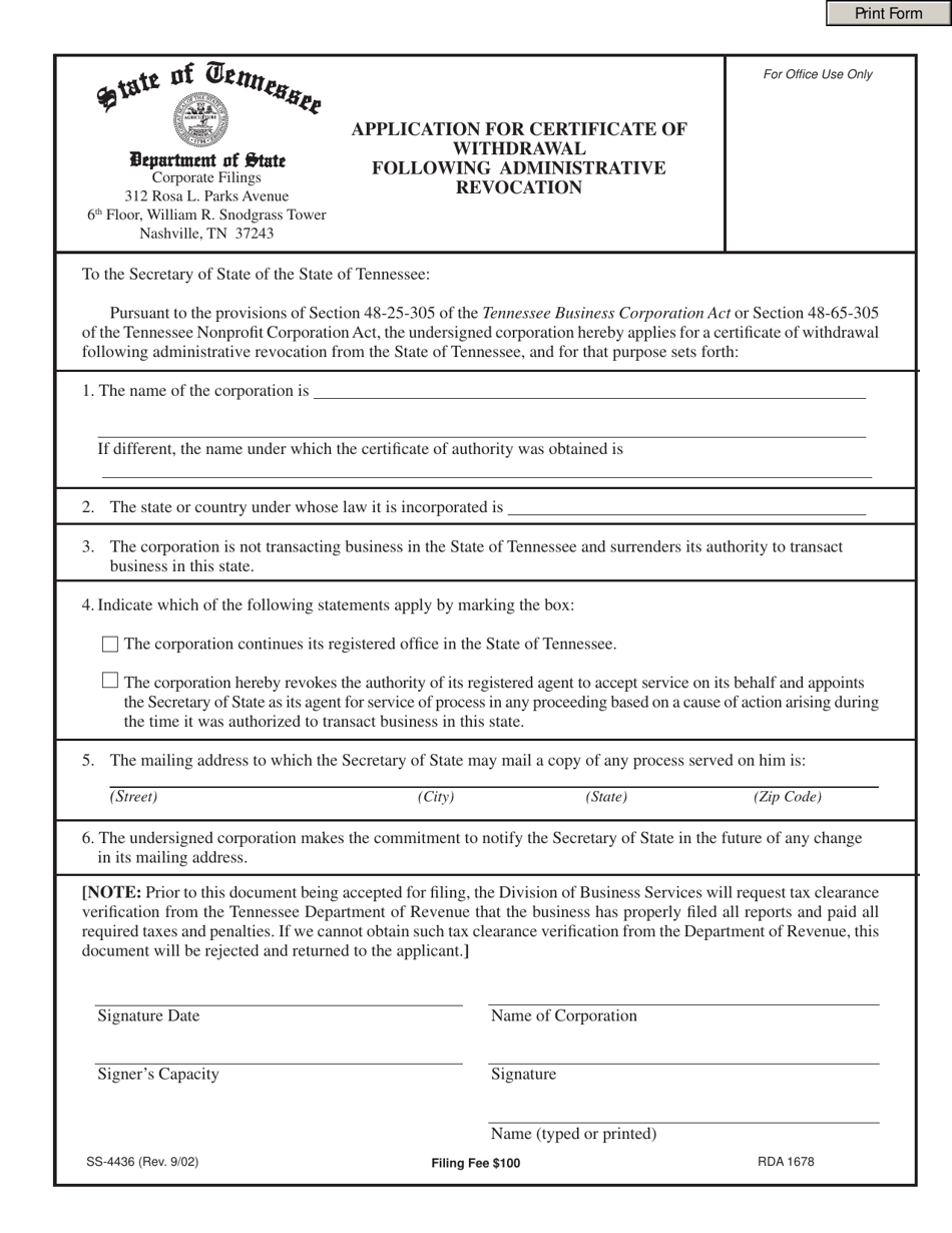 Form SS-4436 Application for Certificate of Withdrawal Following Administrative Revocation - Tennessee, Page 1