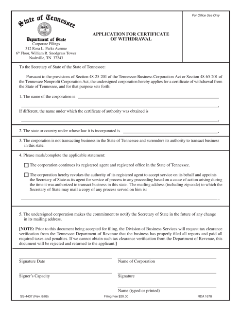 Form SS-4437 Application for Certificate of Withdrawal - Tennessee