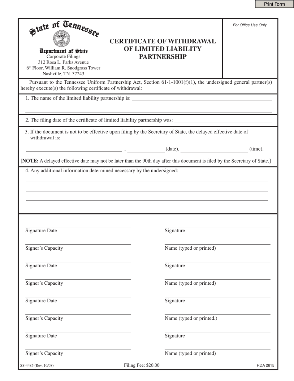 Form SS-4485 Certificate of Withdrawal of Limited Liability Partnership - Tennessee, Page 1