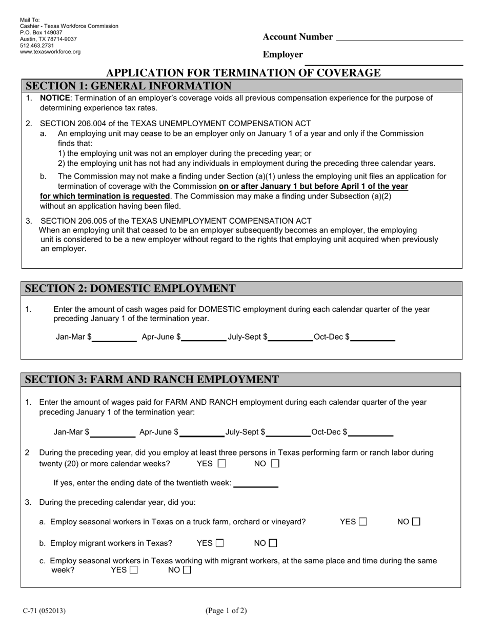 Form C-71 Application for Termination of Coverage - Texas, Page 1