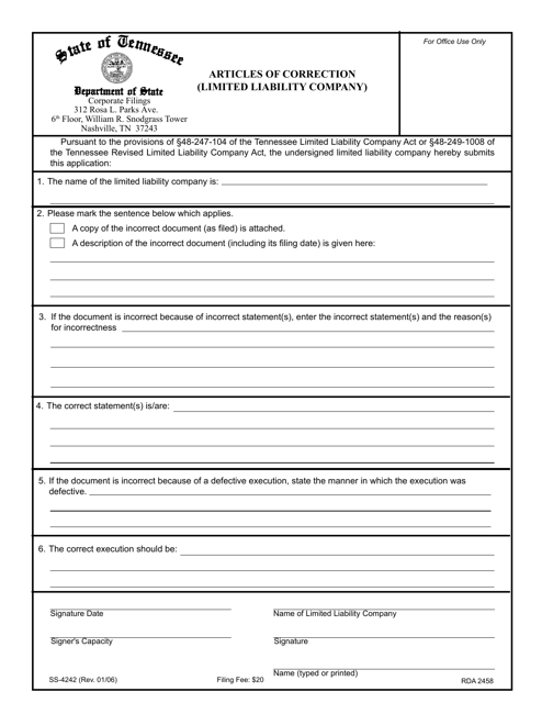 Form SS-4242 Articles of Correction (Limited Liability Company) - Tennessee