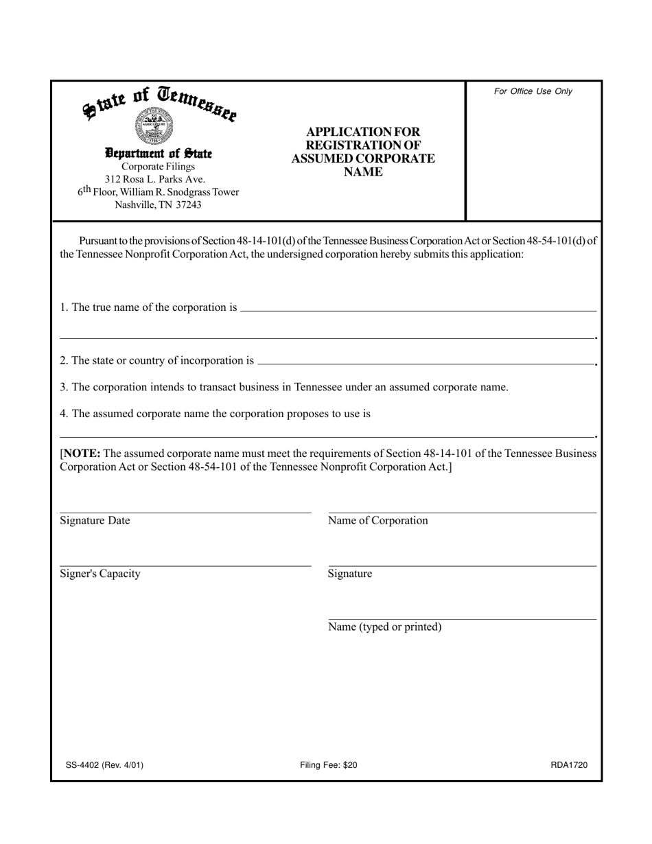 Form SS-4402 Application for Registration of Assumed Corporate Name - Tennessee, Page 1