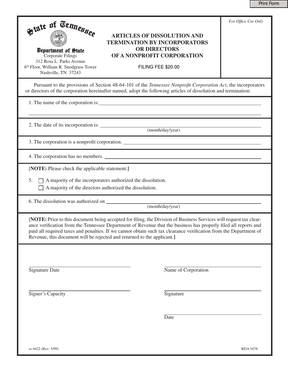 Form SS-4422 Articles of Dissolution and Termination by Incorporators or Directors of a Nonprofit Corporation - Tennessee, Page 1