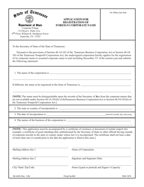 Form SS-4429 Application for Registration of Foreign Corporate Name - Tennessee